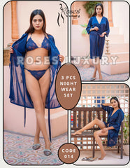 Roses Luxury 3-Piece Satin & Lace Nightwear Set – Code 014