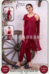 Roses Luxury Nightwear – Code 015 (3-Piece Set)