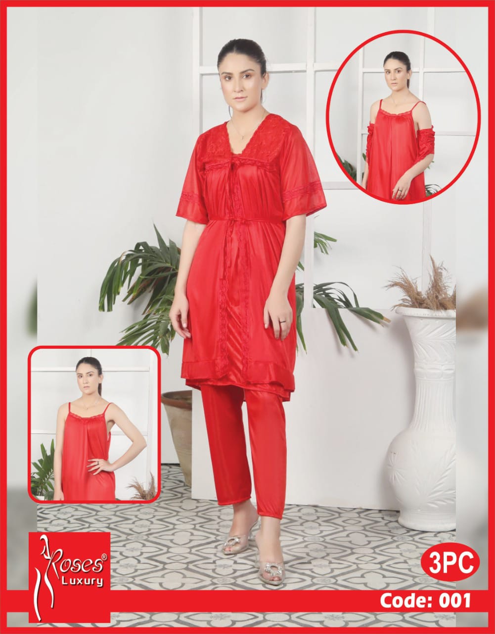 Roses Luxury 3-Piece Satin Nighty Set – Code 001