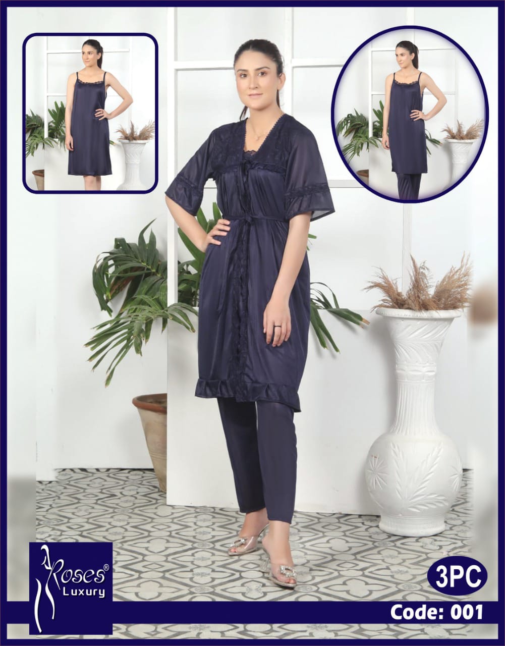 Roses Luxury 3-Piece Satin Nighty Set – Code 001