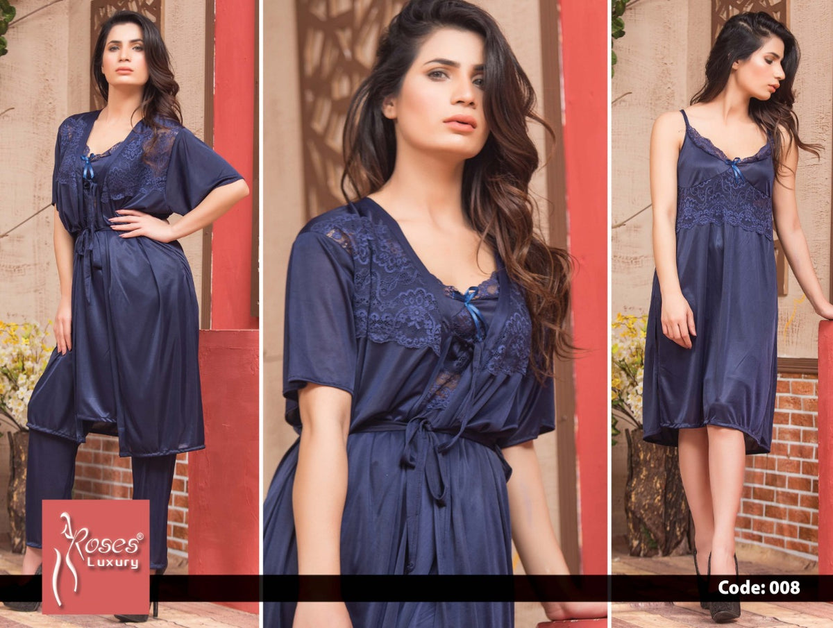 Roses Luxury 3-Piece Satin Nighty Set