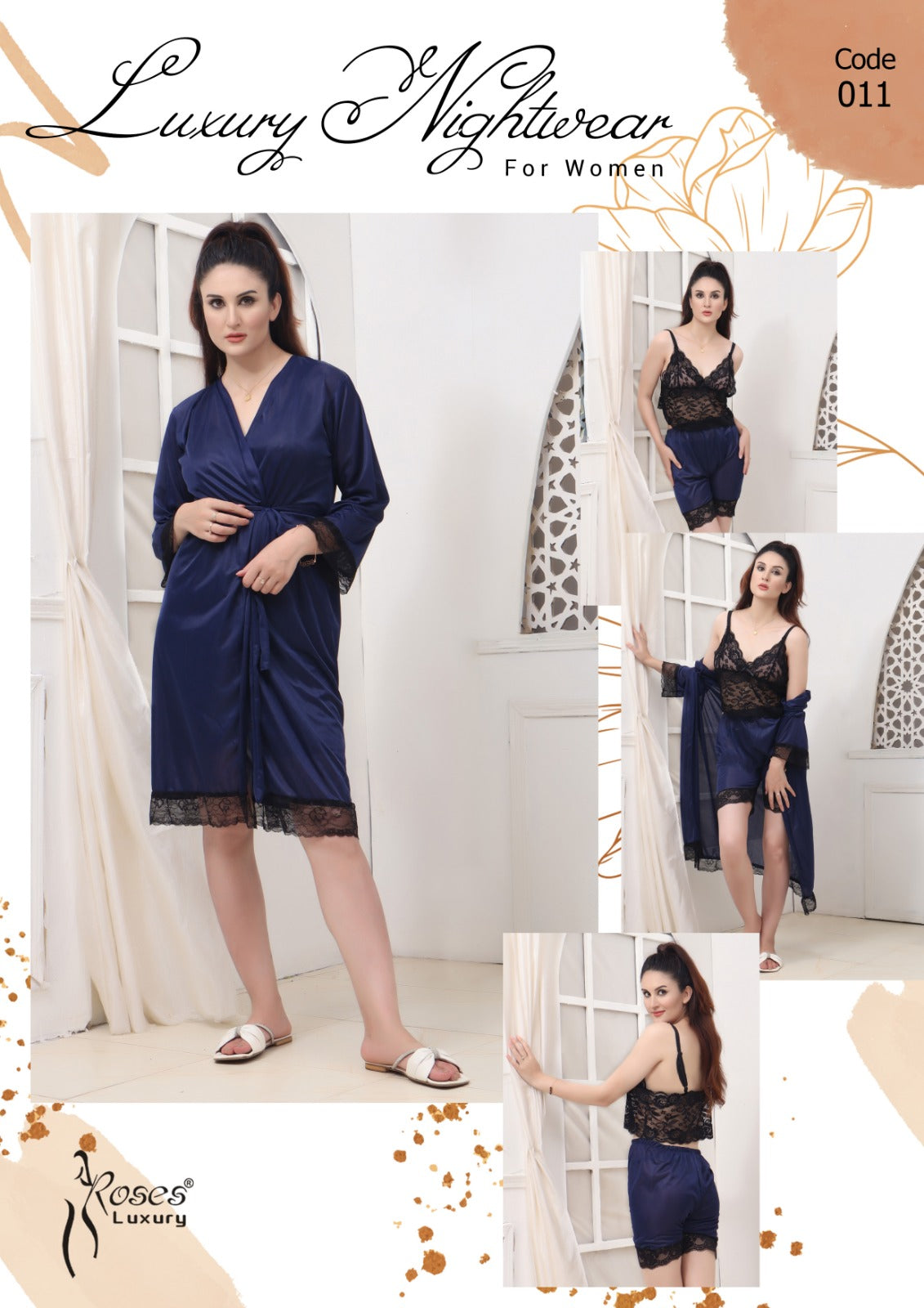 Roses Luxury 3-Piece Lace Nightwear Set – Code 011