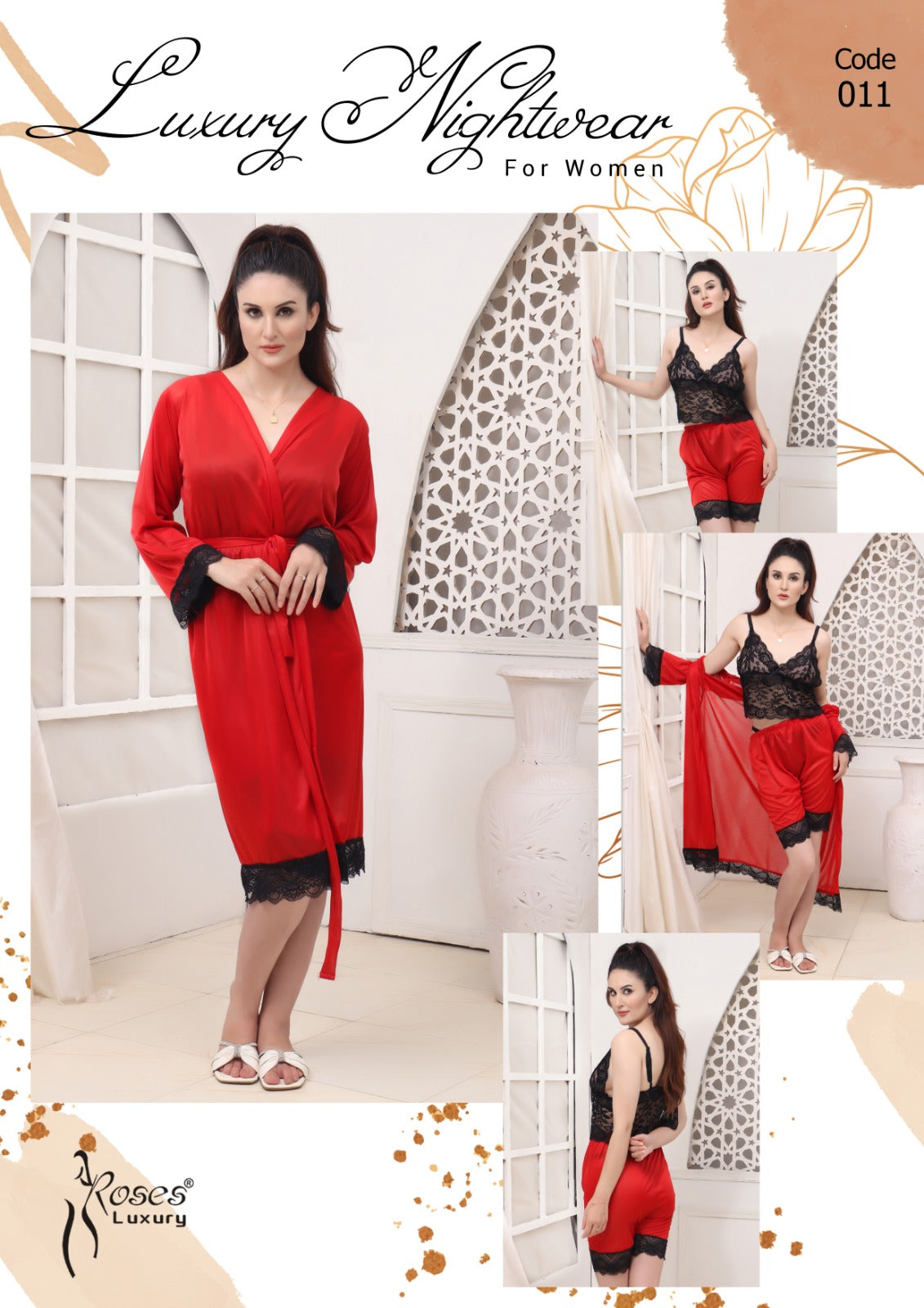 Roses Luxury 3-Piece Lace Nightwear Set – Code 011