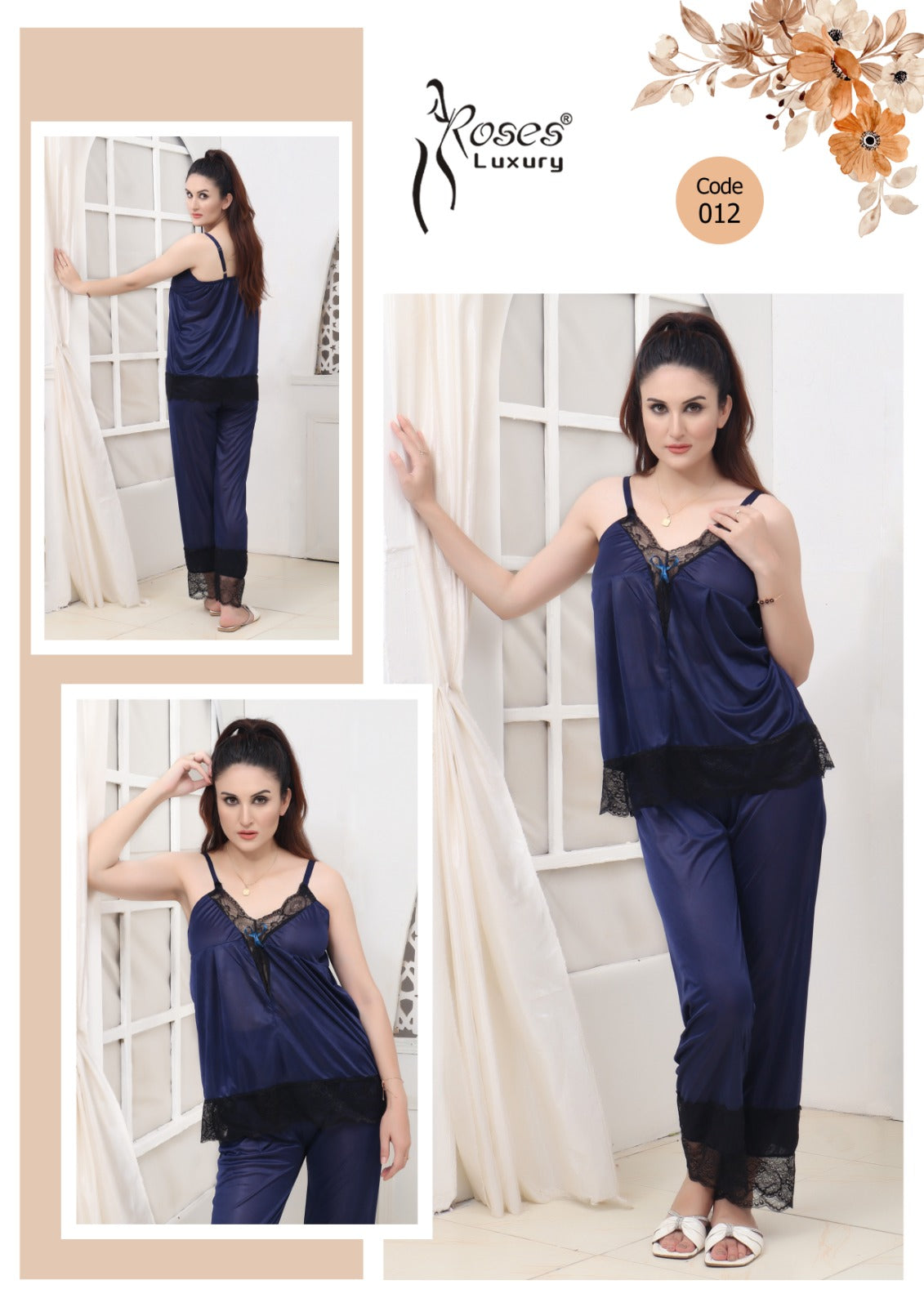 Roses Luxury 2-Piece Satin & Lace Nightwear Set – Code 012