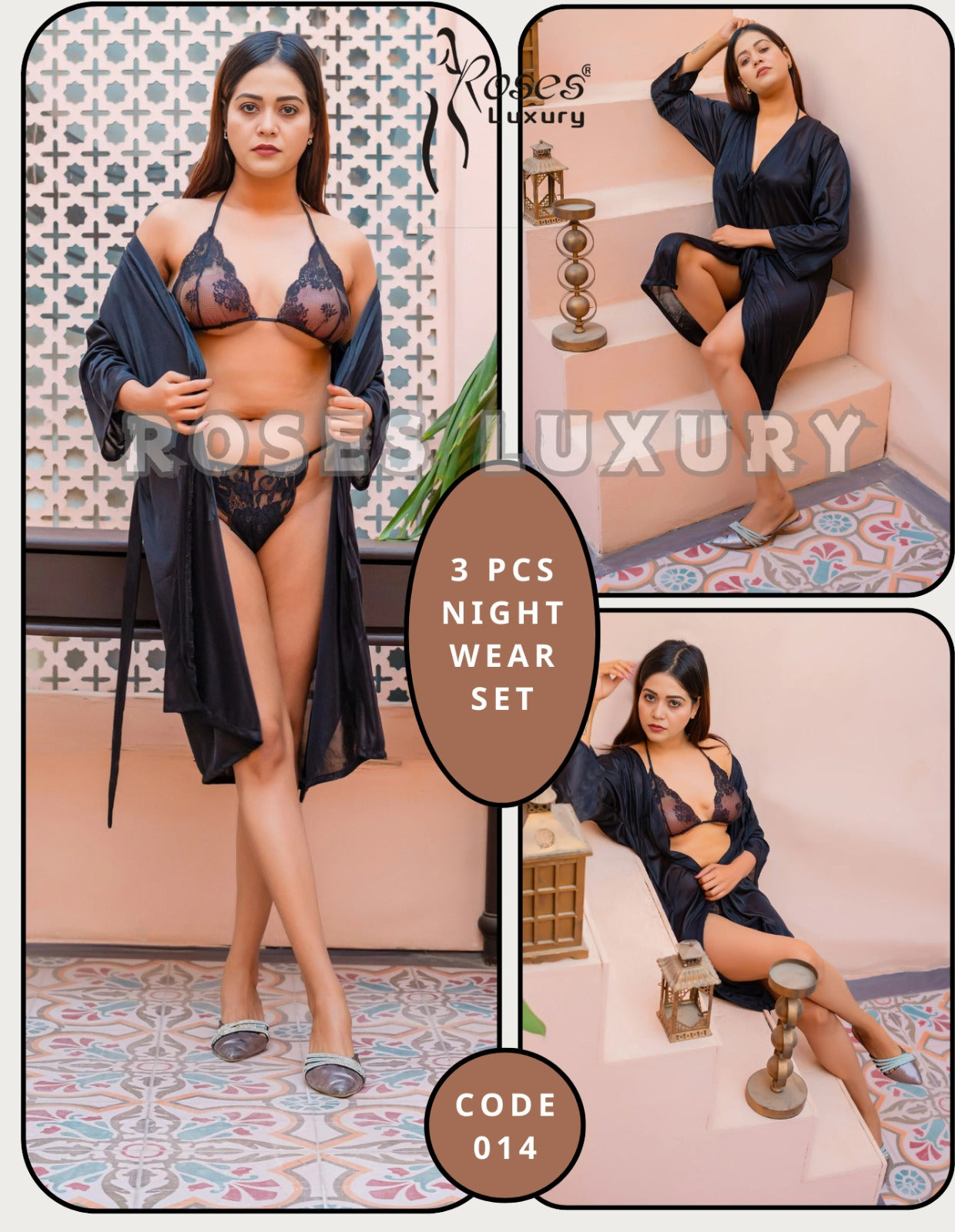 Roses Luxury 3-Piece Satin & Lace Nightwear Set – Code 014