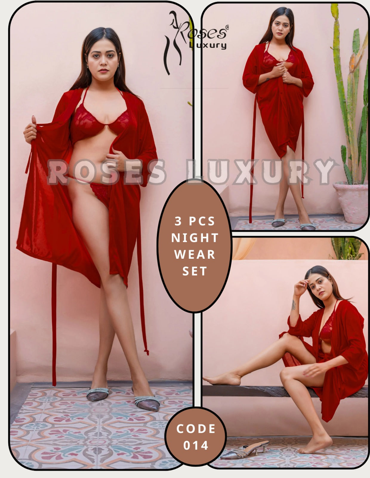 Roses Luxury 3-Piece Satin & Lace Nightwear Set – Code 014