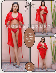 Roses Luxury 3-Piece Satin & Lace Nightwear Set – Code 014