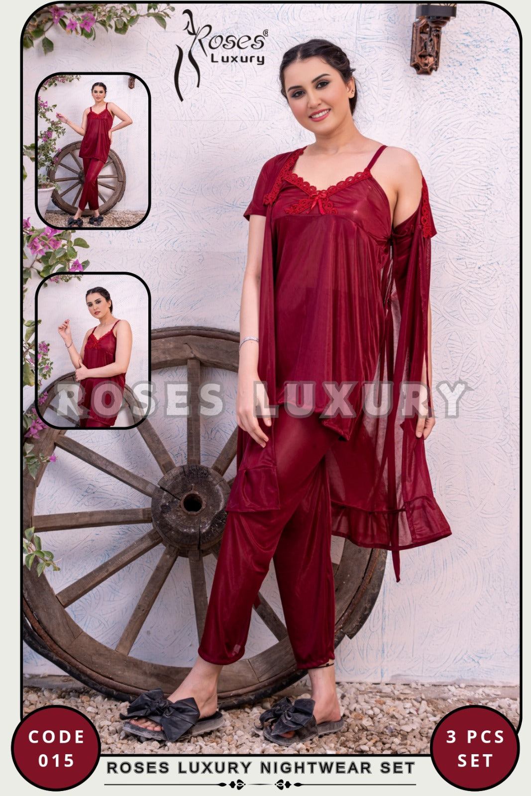 Roses Luxury Nightwear – Code 015 (3-Piece Set)