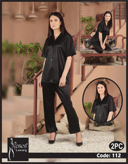 Roses Luxury 2-Piece Satin Button-Down Night Suit – Code 112