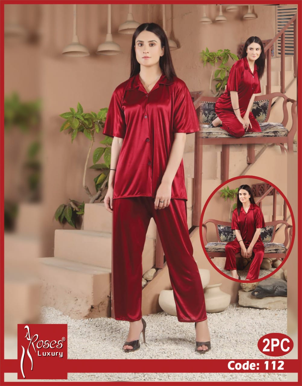 Roses Luxury 2-Piece Satin Button-Down Night Suit – Code 112