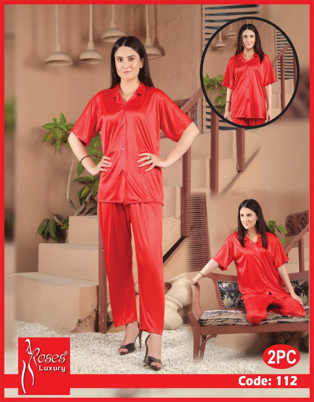 Roses Luxury 2-Piece Satin Button-Down Night Suit – Code 112