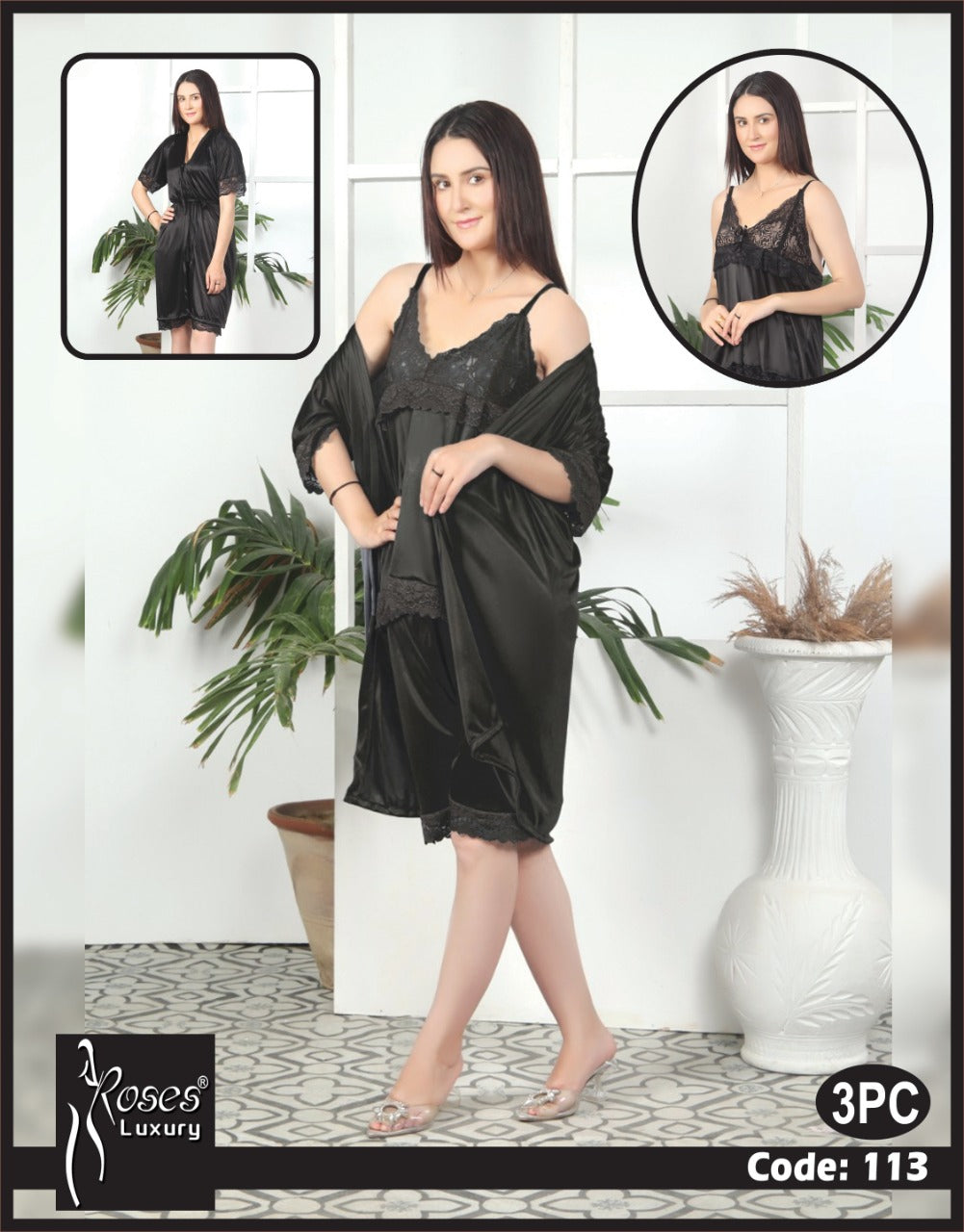 Roses Luxury 3-Piece Lace Nightwear Set – Code 113