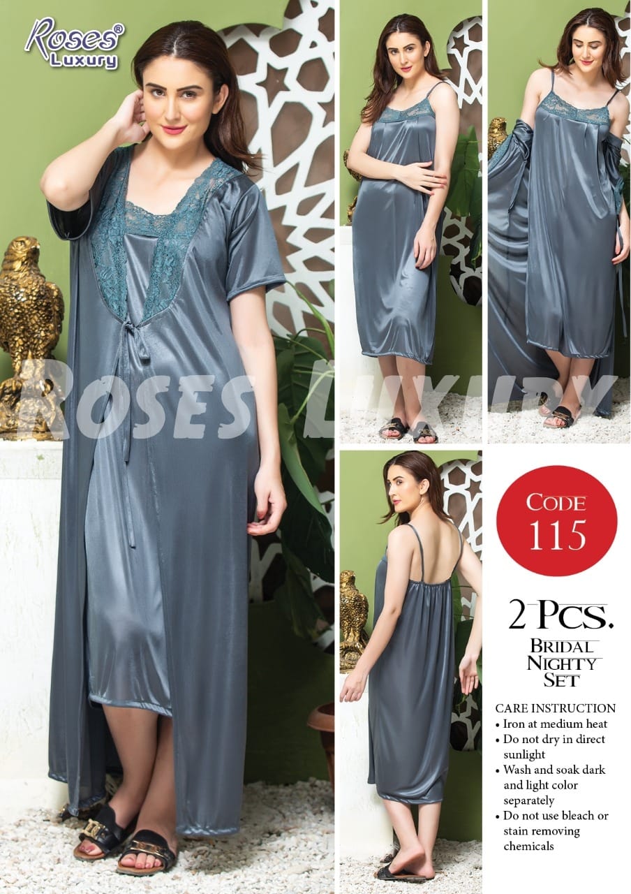 Roses Luxury 2-Piece Satin Bridal Nighty Set – Code 115