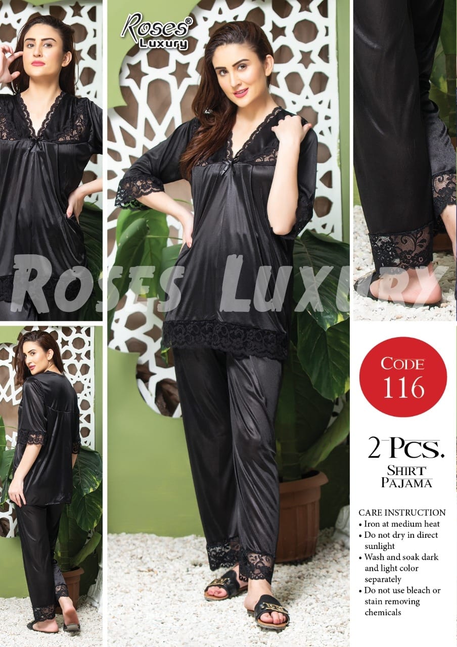 Roses Luxury 2-Piece Satin Lace Shirt Pajama Set – Code 116