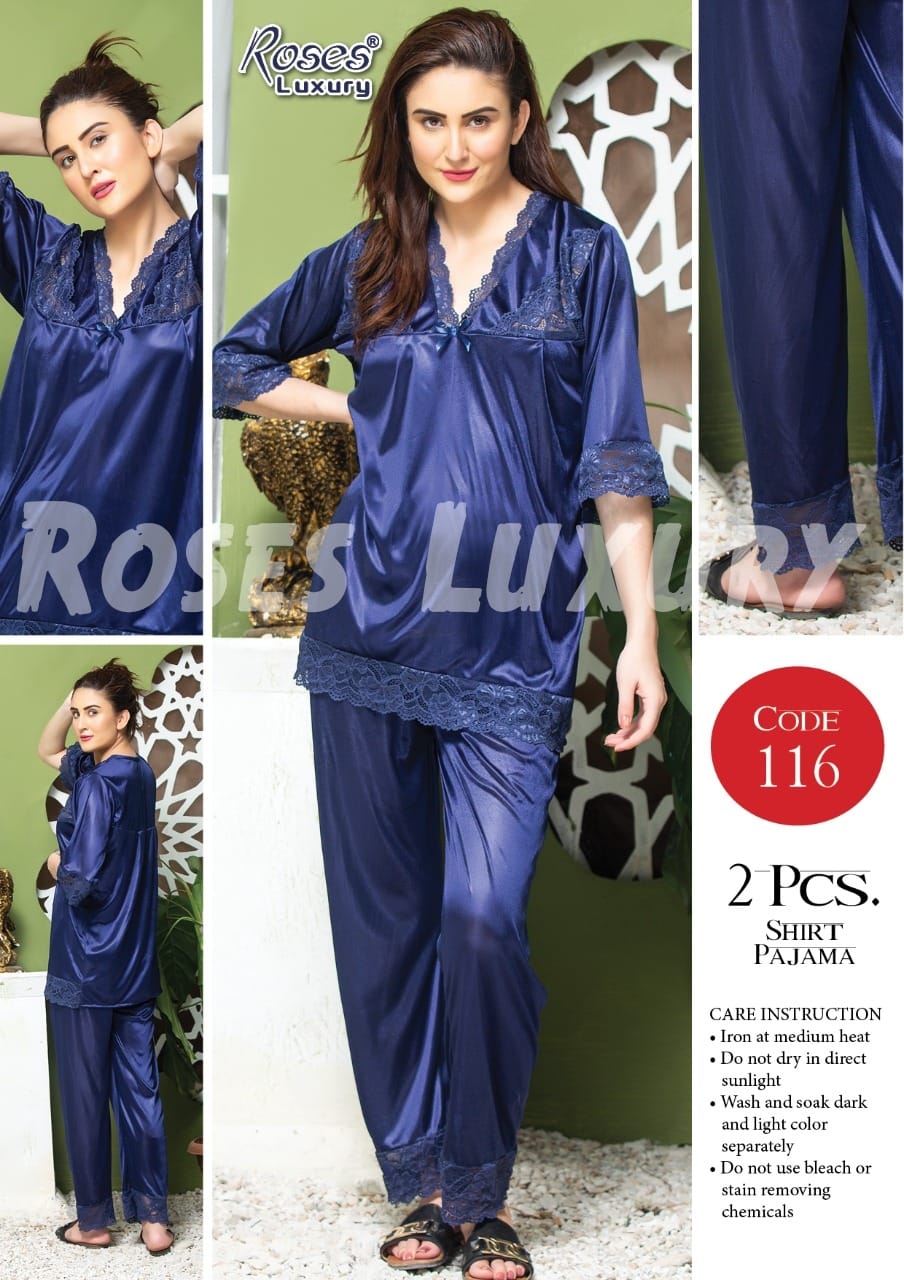 Roses Luxury 2-Piece Satin Lace Shirt Pajama Set – Code 116