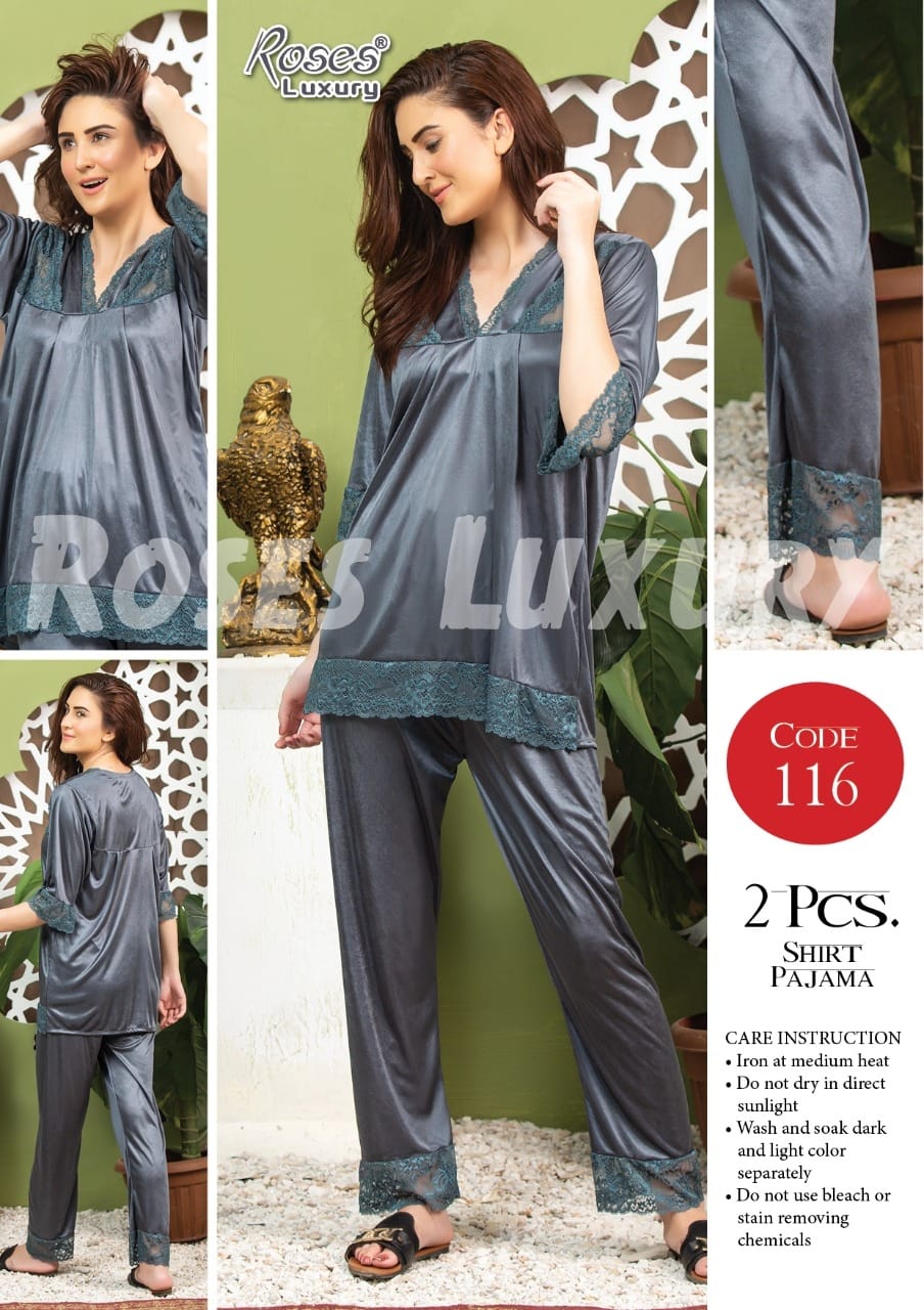 Roses Luxury 2-Piece Satin Lace Shirt Pajama Set – Code 116