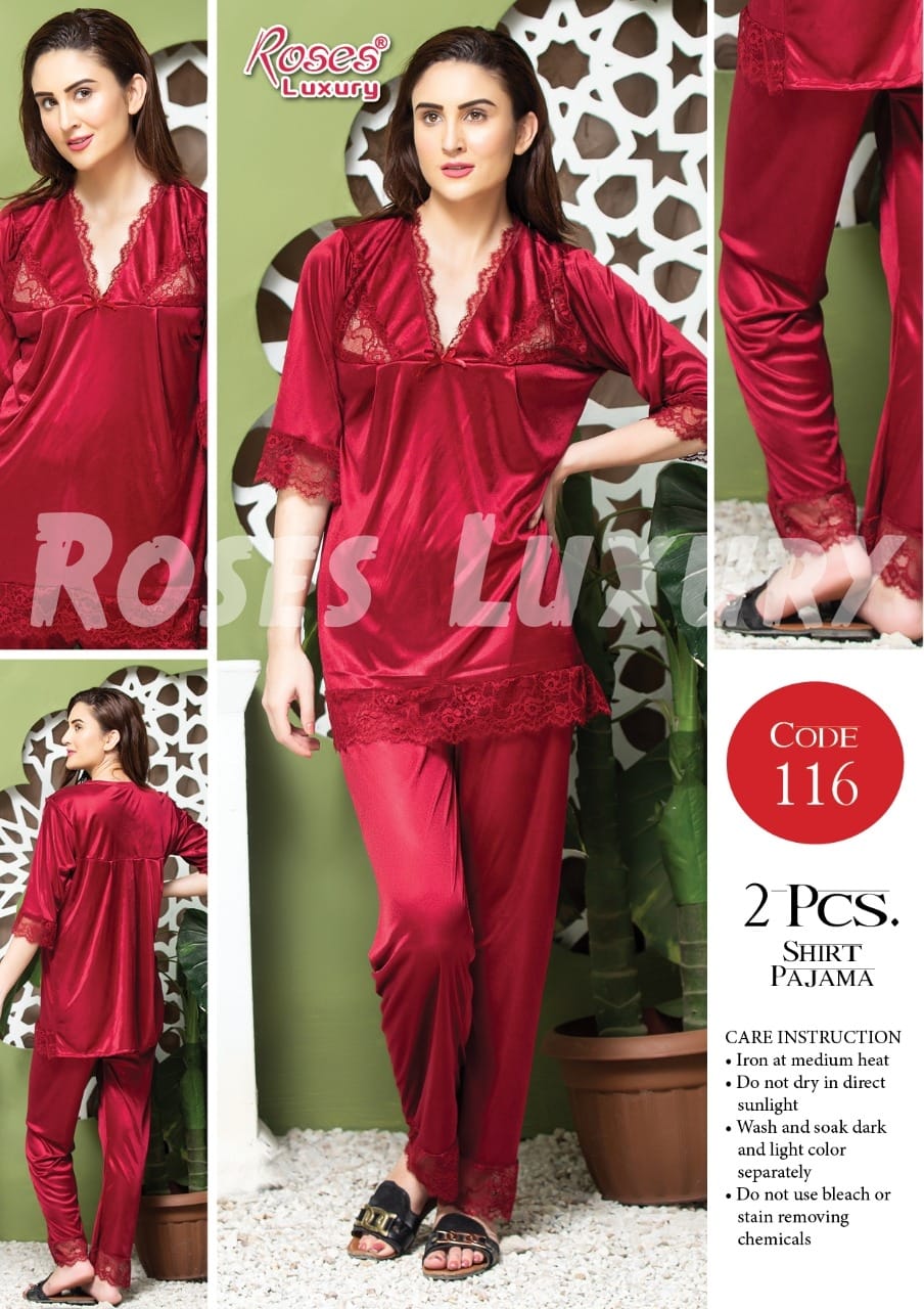 Roses Luxury 2-Piece Satin Lace Shirt Pajama Set – Code 116
