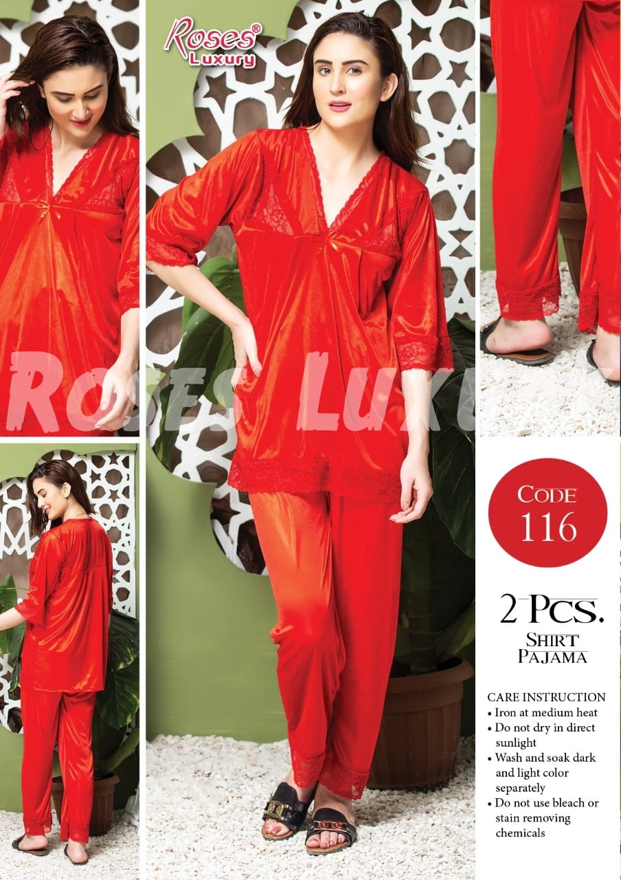 Roses Luxury 2-Piece Satin Lace Shirt Pajama Set – Code 116