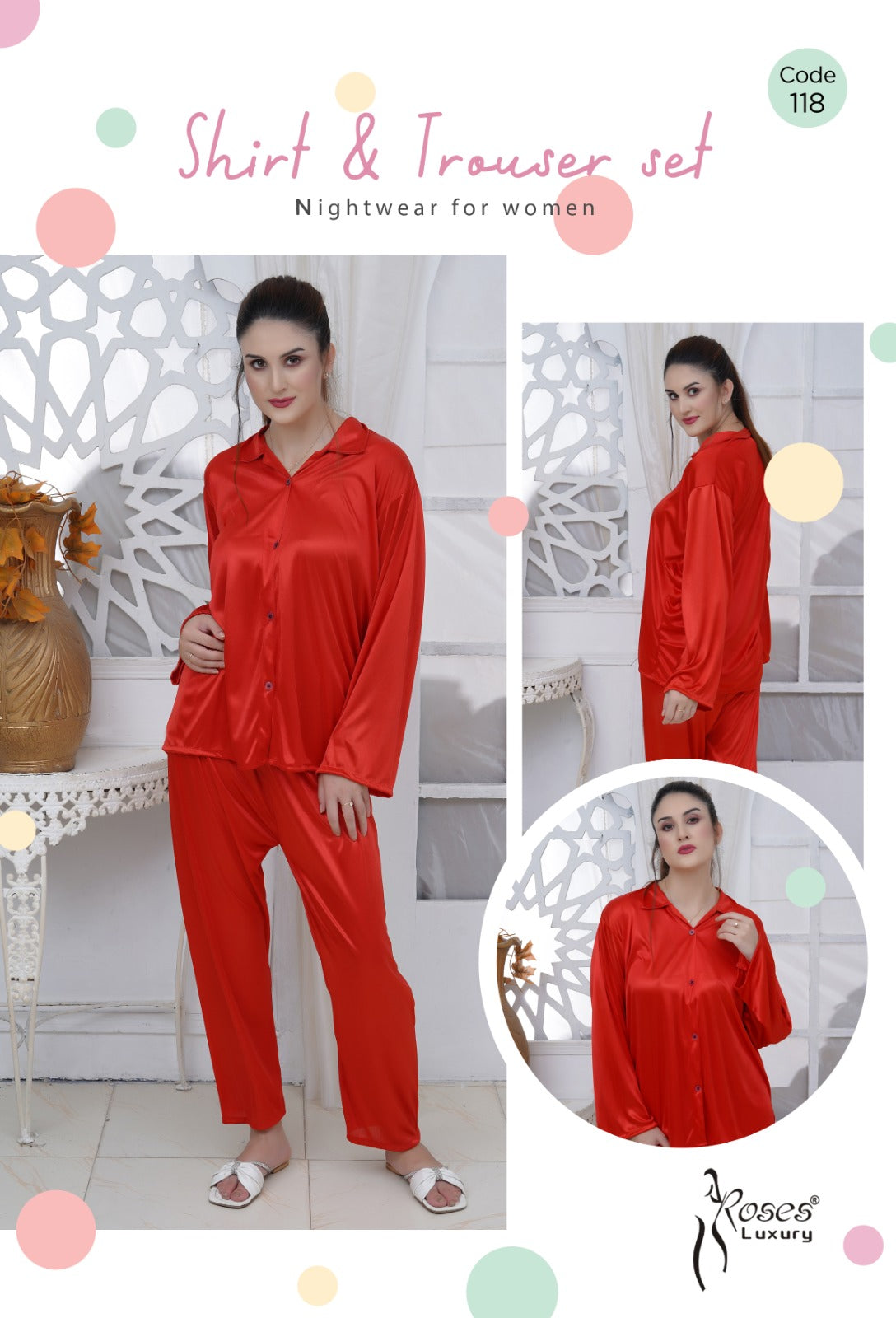 Roses Luxury Women’s Satin Shirt & Trouser Nightwear Set – Code 118