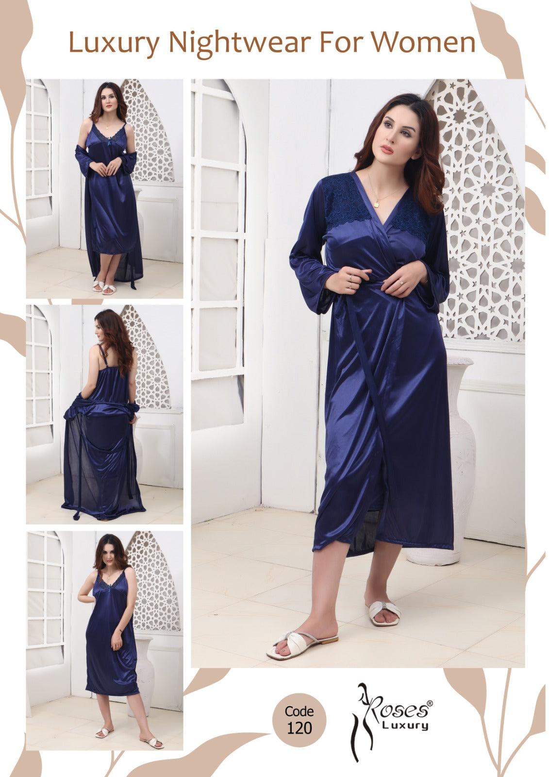 Roses Luxury 3-Piece Satin Bridal Nightwear Set – Code 120