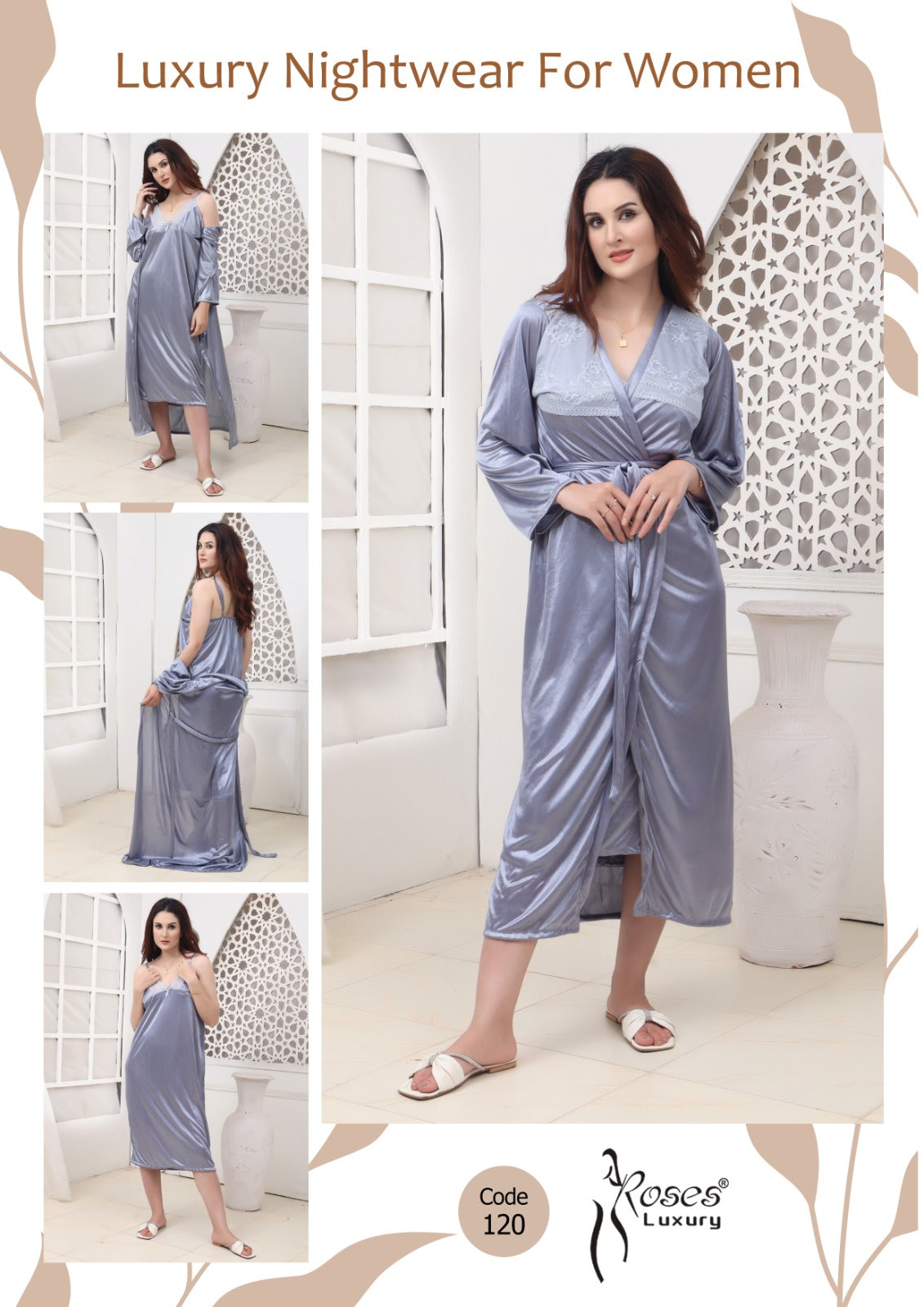 Roses Luxury 3-Piece Satin Bridal Nightwear Set – Code 120