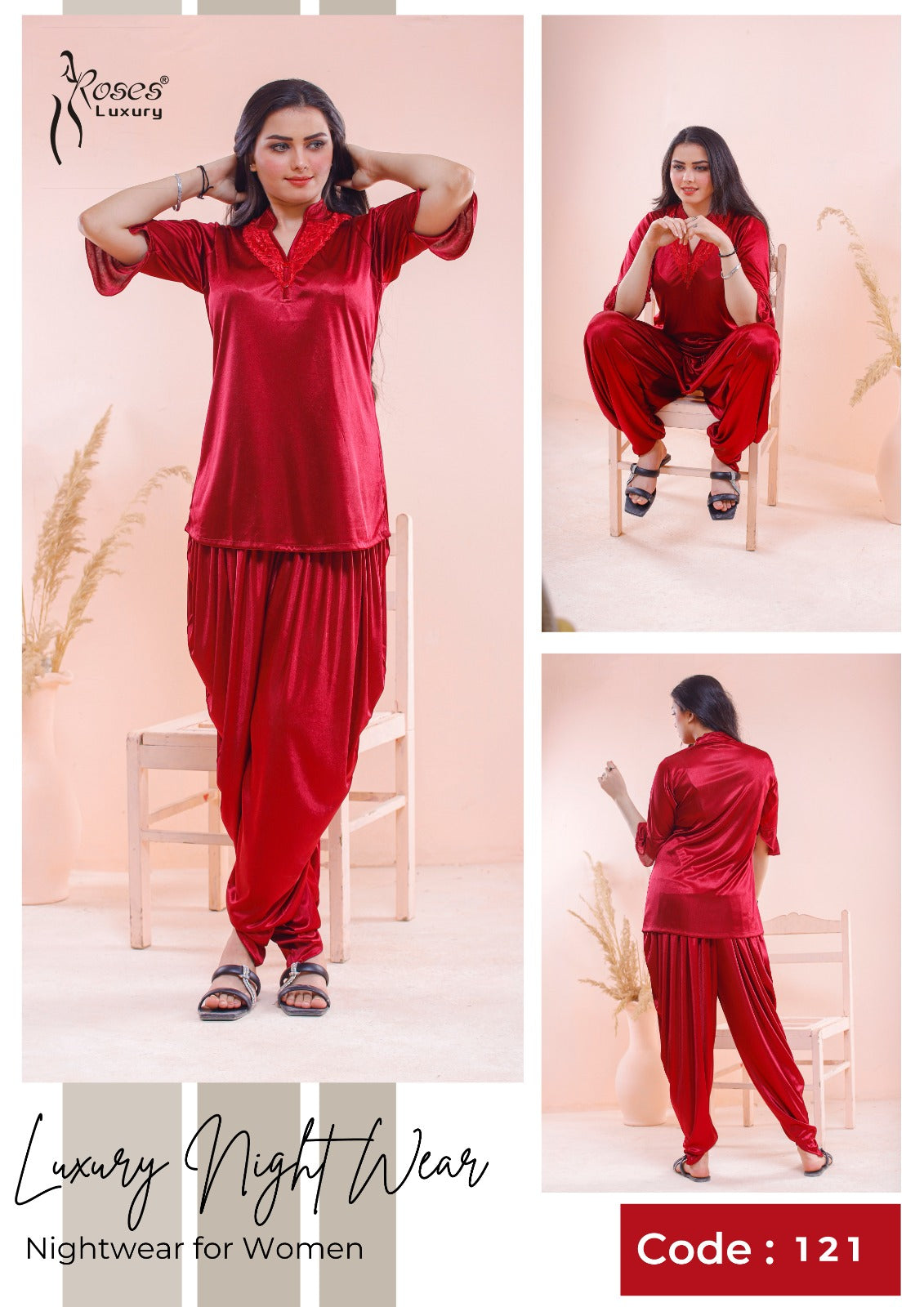 Roses Luxury 2-Piece Patyala Nightwear Set – Code 121