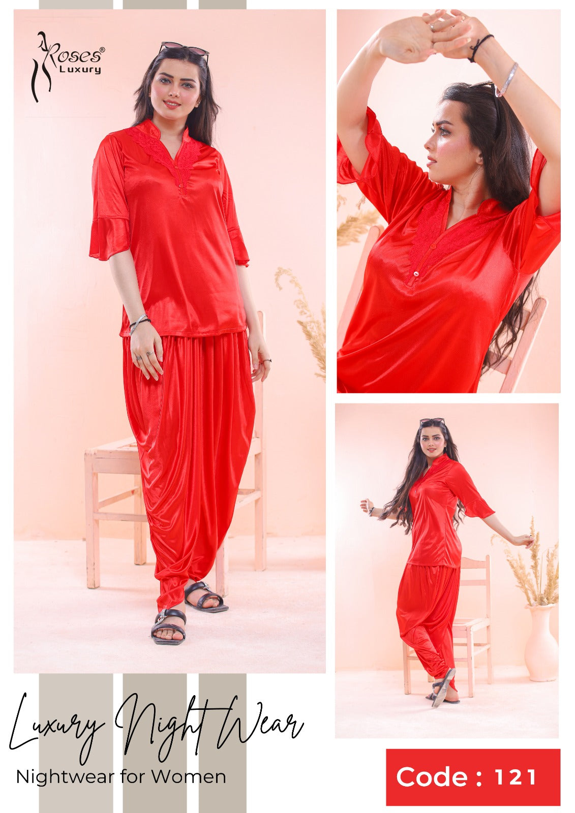 Roses Luxury 2-Piece Patyala Nightwear Set – Code 121