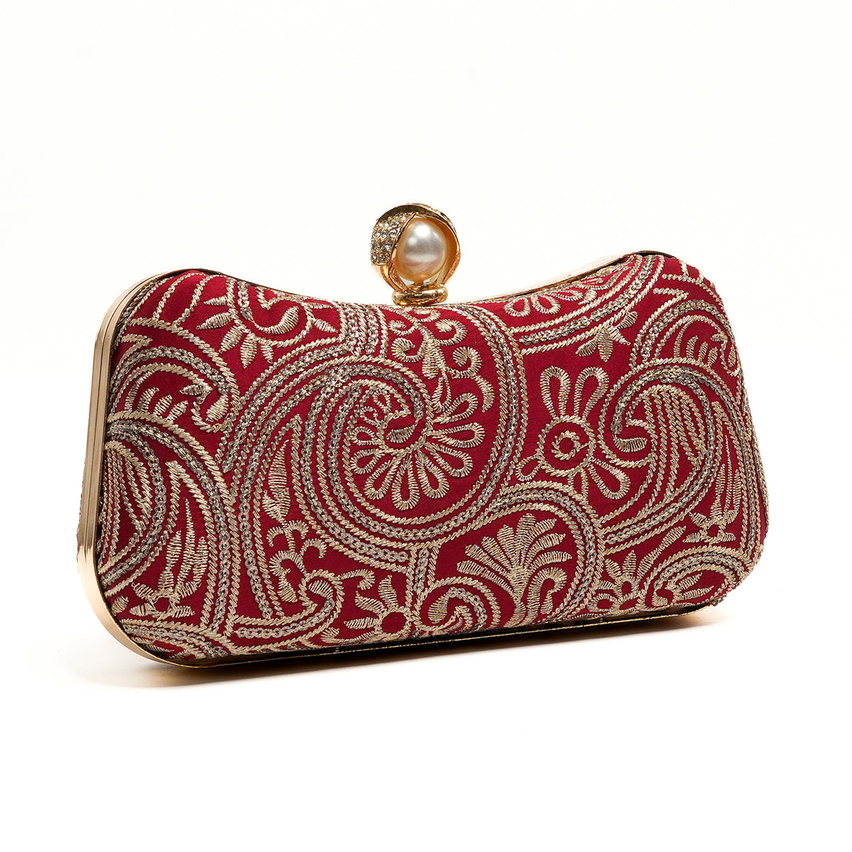 Embroidered Pearl Clutch - Red
