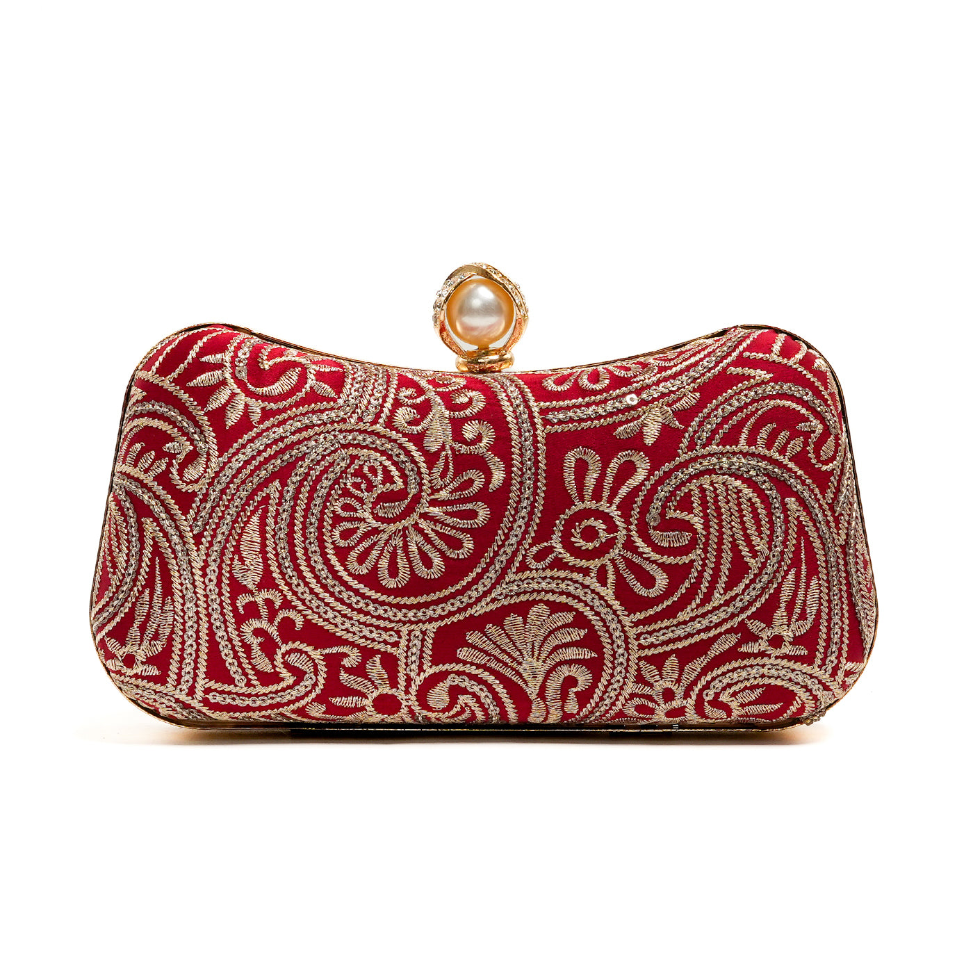 Embroidered Pearl Clutch - Red