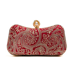 Embroidered Pearl Clutch - Red