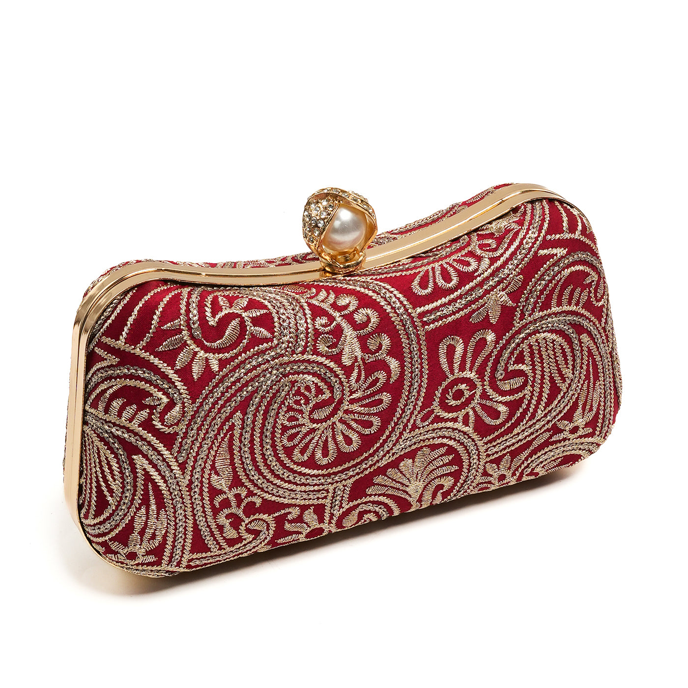 Embroidered Pearl Clutch - Red